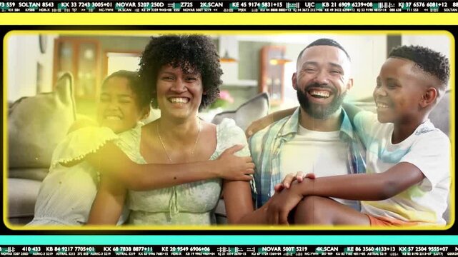 Daughter hugging sparking mom dad laughing, son leaning, bonding for ads, sofa flare scan overlay