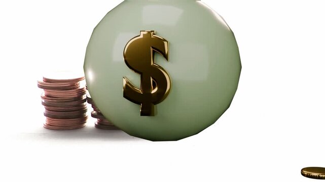 Green pouch appearing then zooming in centering and revealing coin stacks while highlighting gold $