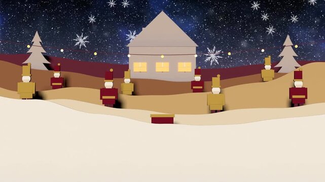 House appearing, block choir emerging from hills and lining while lights glowing for holiday scene