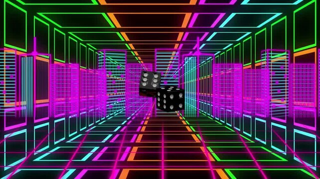 Two black dice spinning, spin causing tumble and converging to stack at center in neon tunnel