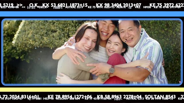 Family reaching inward, forming hug for marketing shot, being framed by blue frame and filmstrip