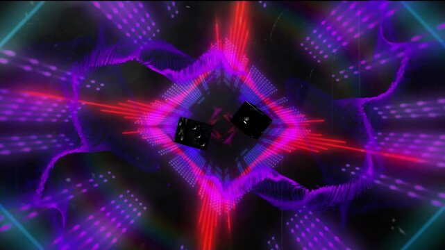 Red burst starting teal-grid forming cyan-frame rotating two black cubes shifting, adding depth