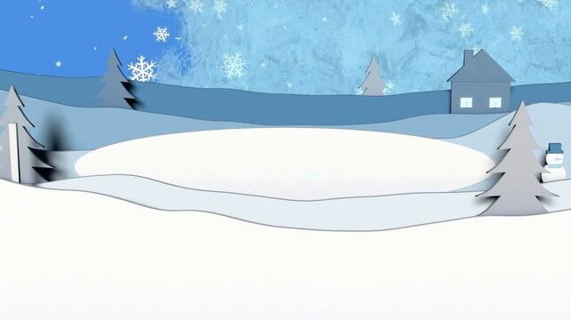 Distant ridge fading in, paper-cut scene forming pond, adding snow and bokeh for title card