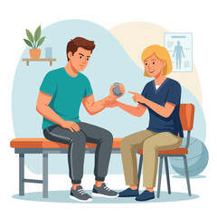 Fototapeta premium Physical Therapist Assists Patient with Hand Therapy Exercise Using Grip Strengthener