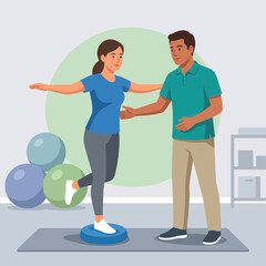 Obraz premium Physical Therapist Assists Woman Exercising Balance on Stability Disc with Exercise Balls in Background