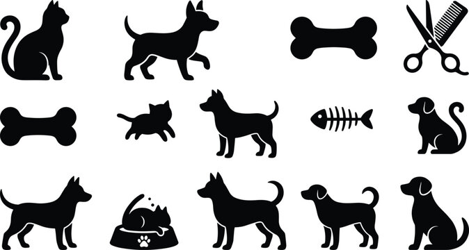 Pet Care and Veterinary Silhouette Icon Set Featuring Cats, Dogs, Bones, Fish Skeleton, Food Bowl, and Grooming Scissors with Comb Elements