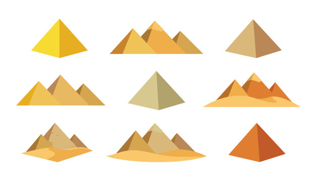 Egyptian desert pyramids collection featuring flat isolated vector icons of ancient monuments and sand dunes on white background