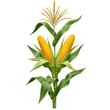 detailed botanical illustration of tall green corn stalk with yellow ears