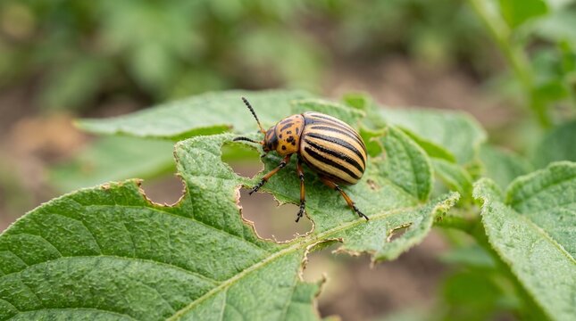 Colorado potato beetle on damaged leaf. Pest insect eating green foliage in garden.