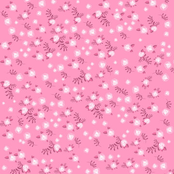 Pink floral background pattern featuring cute roses and leaves for textile design