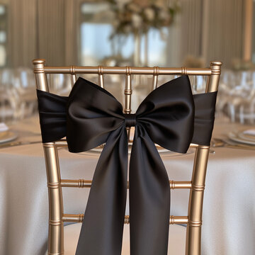 Elegant Black Bow on a Gold Chair: A luxurious gold chiavari chair is adorned with a dramatic black satin bow, set against a soft-focus background of a beautifully decorated event venue.