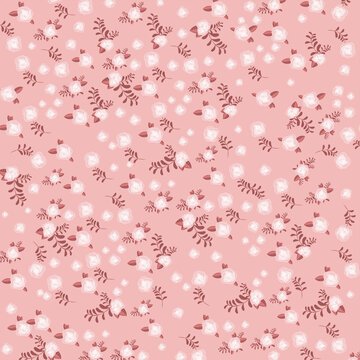 Pink floral pattern background with hand drawn tiny roses and leaves