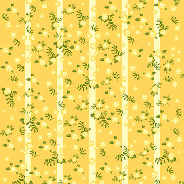 Yellow floral pattern background with cute roses and green leaves on vertical stripes