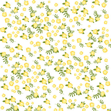 Yellow roses floral pattern background with green leaves in a flat design