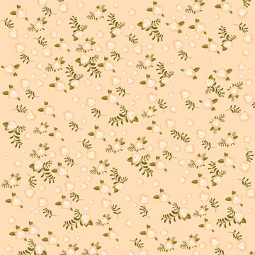 Seamless floral pattern with cute vintage roses and green leaves on peach background