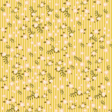 Vintage floral pattern with pastel pink roses on yellow vertical stripes