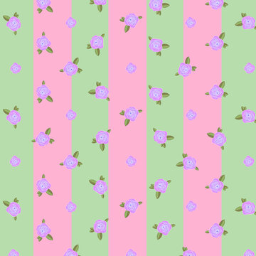 Pastel floral pattern featuring purple roses on pink and green vertical stripes