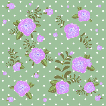 Seamless Floral Pattern with Purple Roses and White Polka Dots on Green Background