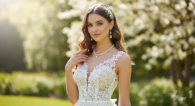 Young bride in lace wedding dress posing in sunlit garden with portrait