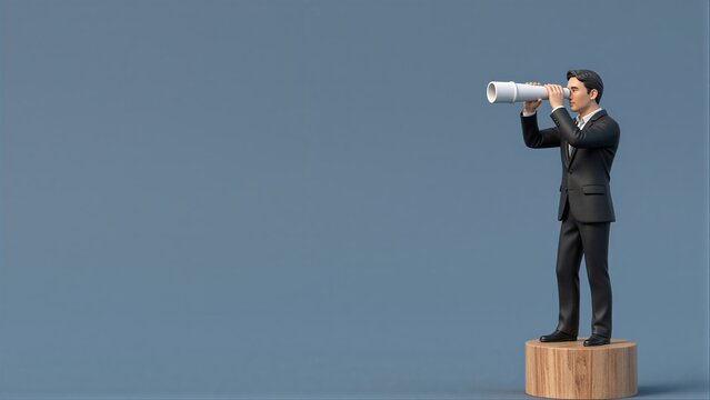 Businessman stands on pedestal, using telescope to look ahead with hopeful gaze.