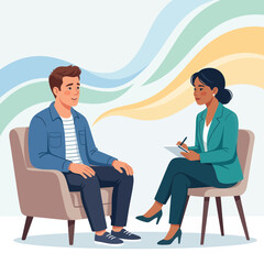 Obraz premium Therapy session with a male patient and female therapist in a modern, minimalist setting with abstract wavy background