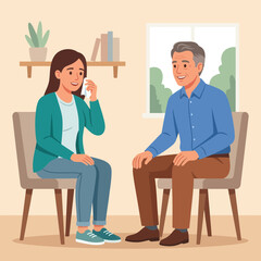 Fototapeta premium Therapy session with a young woman and an older man, vector illustration. Emotional support, counseling, trust.