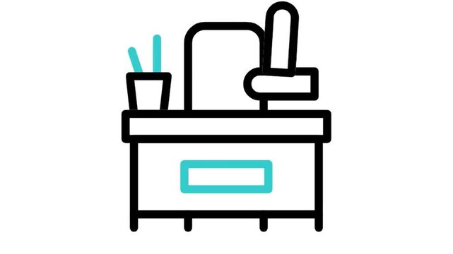 Animated study office desk with books and chair icon loop motion graphic, classroom education and work from home setup symbol, isolated on white background