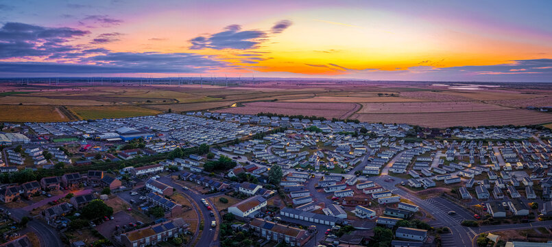 Camber Sands Caravan Parks Aerial View at Sunset in East Sussex England