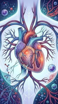 Human heart and complex circulatory system with glowing arteries