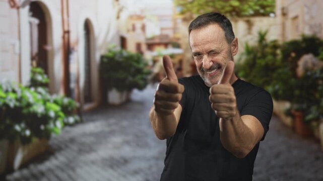 Man winks and gives double thumbs up showing hands in a cobblestone street lined with potted plants and archways; approval confidence.
