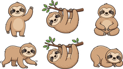 Cute cartoon sloth character collection vector illustration set showing different poses hanging on branch sitting waving and sleeping isolated on white © Md