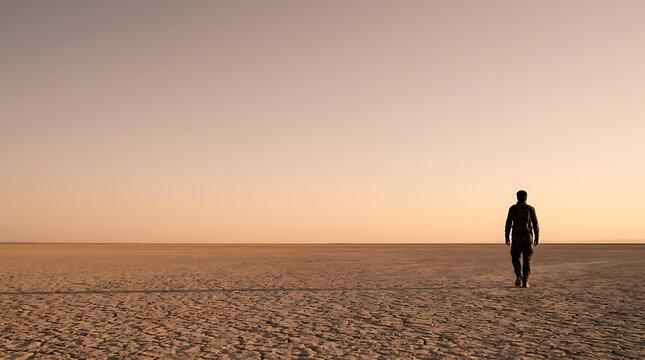 Person walking alone across a cracked dry lake bed at sunset