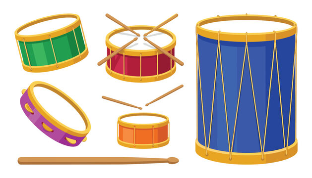 Musical drum vector set with colorful snare drums big bass drum tambourine and wooden drumsticks isolated on white background