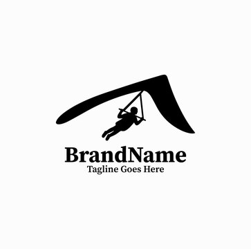Clean black vector icon of a hang glider pilot gliding through the air, extreme air sports logo on white background