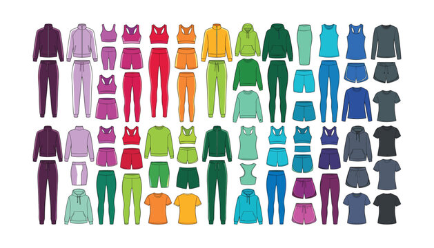 Activewear vector collection with colorful sports clothing sets hoodies leggings shorts and tshirts for fitness isolated on white background