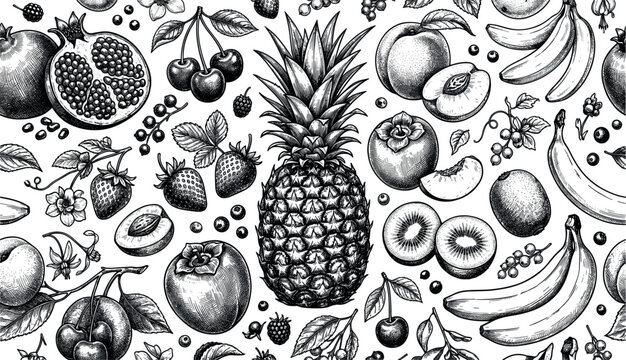 Vintage monochrome seamless pattern background of detailed hand drawn mixed fruits pineapple banana cherry strawberry kiwi pomegranate sketch vector illustration.