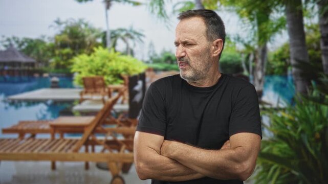 Man with crossed arms grimacing and squinting beside a resort pool deck, lips pursed against sun glare; annoyance reluctance.
