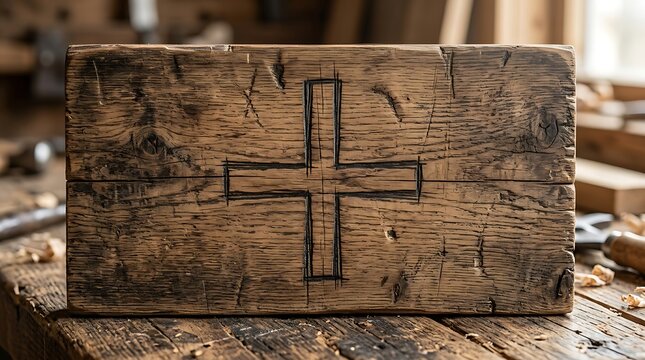 Christian cross etched on a rustic wooden block in a workshop