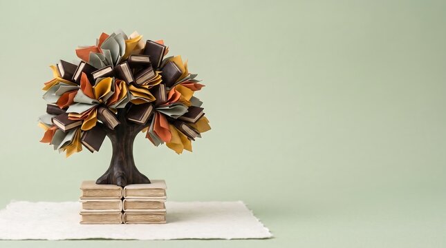 Tree of knowledge sculpture on stacked books