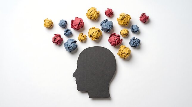 Mental health concept with paper head profile and crumpled paper