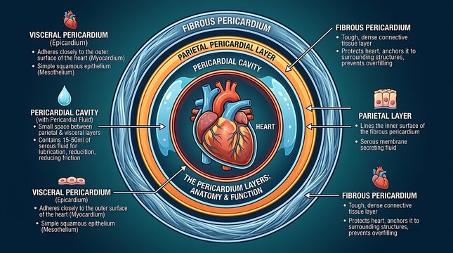 Anatomy of the pericardium layers surrounding the human heart