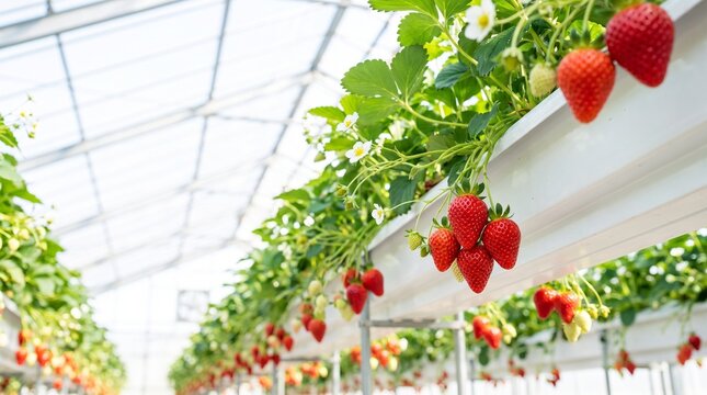 Tabletop Hydroponic Strawberry Farm Growing Ripe Red Fruit in Greenhouse