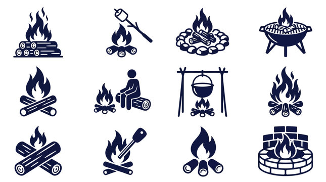 Set of campfire icons showing various outdoor cooking and camping fire activities A1 15 collection