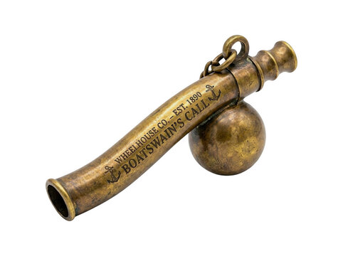 Vintage brass boatswain call whistle nautical equipment with sea faring nautical boatswain maritime instrument