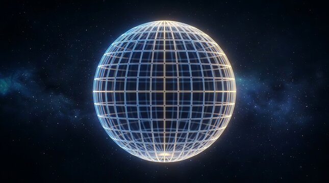Glowing digital wireframe sphere in deep space