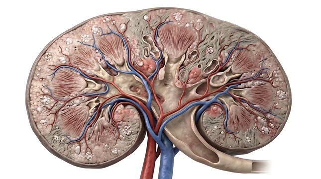 High Resolution 3D Medical Illustration of Polycystic Kidney Disease Showing Multiple Renal Cysts and Internal Kidney Anatomy Cross Section