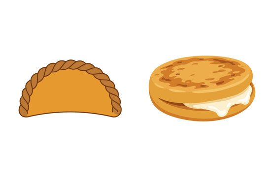 Cartoon vector illustration of traditional South American empanada and arepa with melted cheese