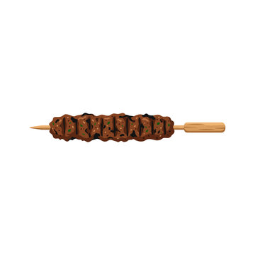 Delicious grilled meat shish kebab on a wooden skewer isolated on white background
