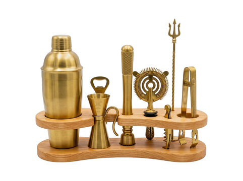 Professional brass cocktail bar tool set in wooden organizer tray with cocktail strainer bartender equipment