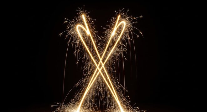 Golden sparkler light trails crossing to form an X shape with glowing sparks and firework embers against a solid black background, long exposure light painting of heat energy.